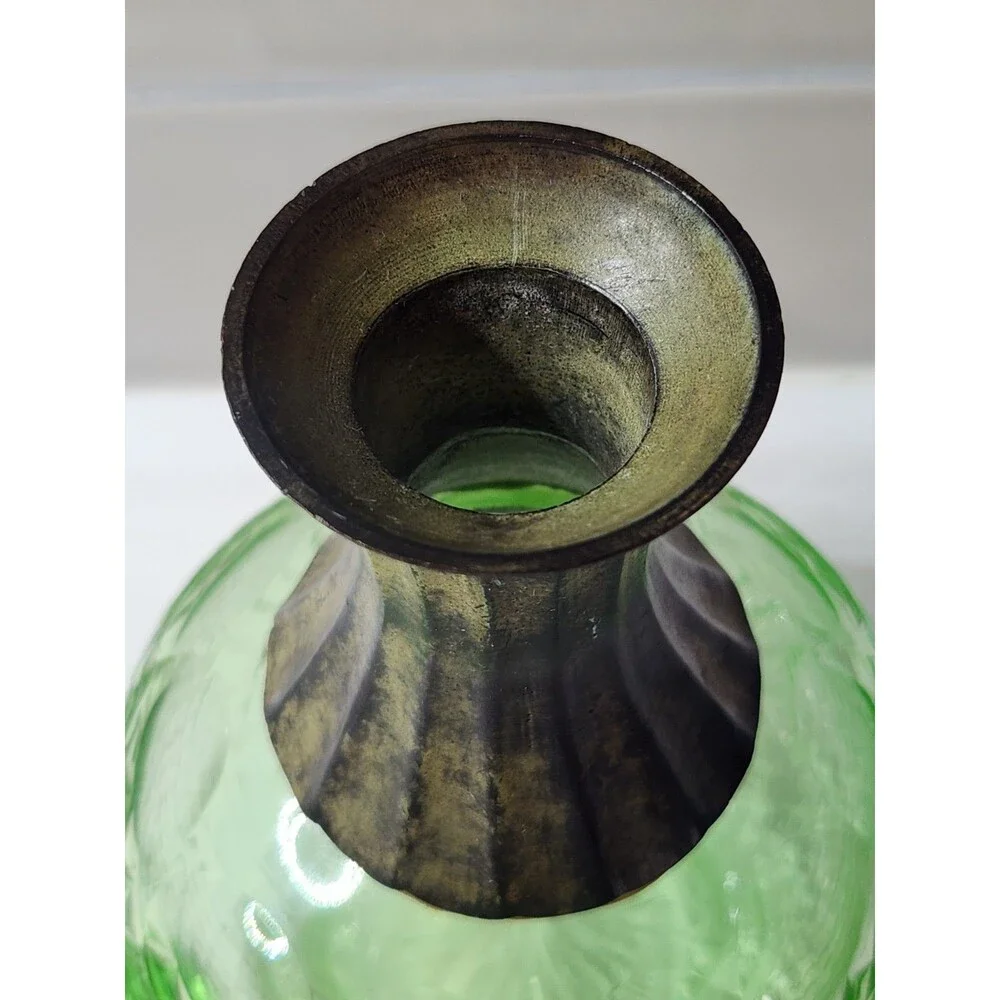 Vintage Small Green Decanter Cologne Bottle with Stopper Metal Collar Cut Glass